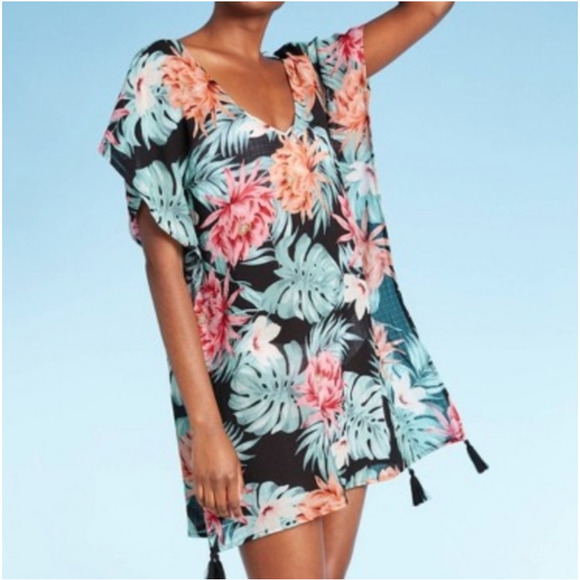 Kona Sol Tropical Print Sheer Lattice Back Tassel Hem Detail Kaftan Cover Up - Picture 1 of 9